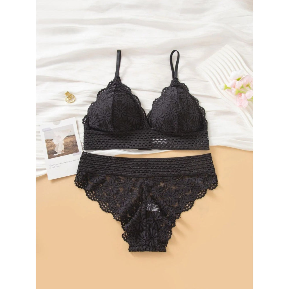 Elegant French Style Floral Lace Bralette and Mid-Rise Briefs Lingerie Set for Women