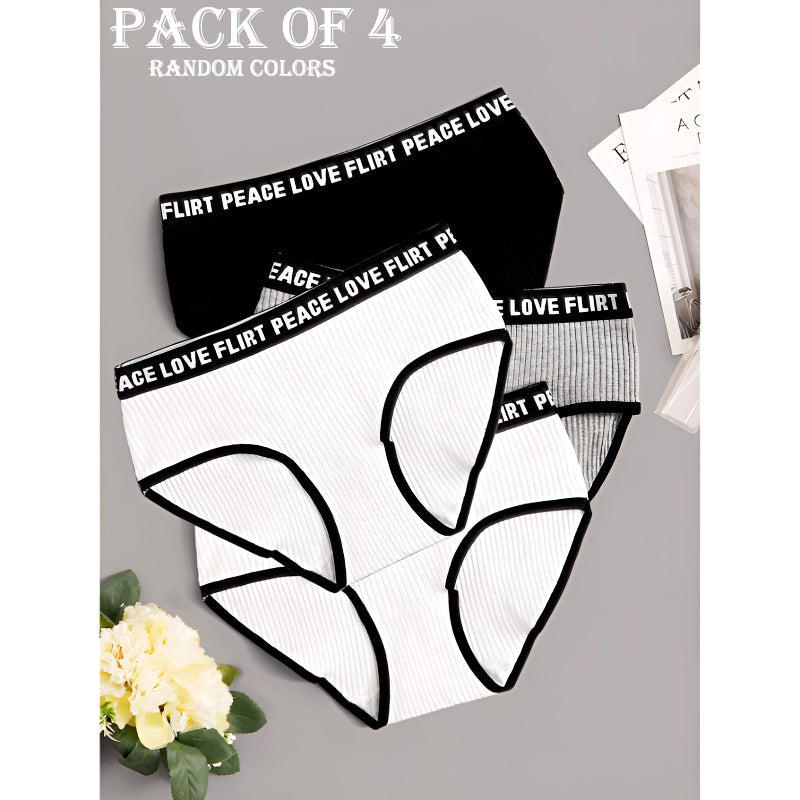 Pack of 4 Stylish Ribbed Women’s Hipster Panties with Letters Printed Elastic Waistband