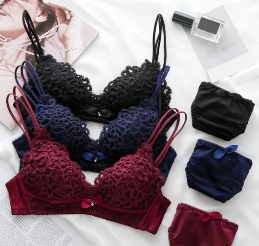 Women’s Lace Push-Up Bra Set Sexy Wireless Jacquard Bra with Bow Panties