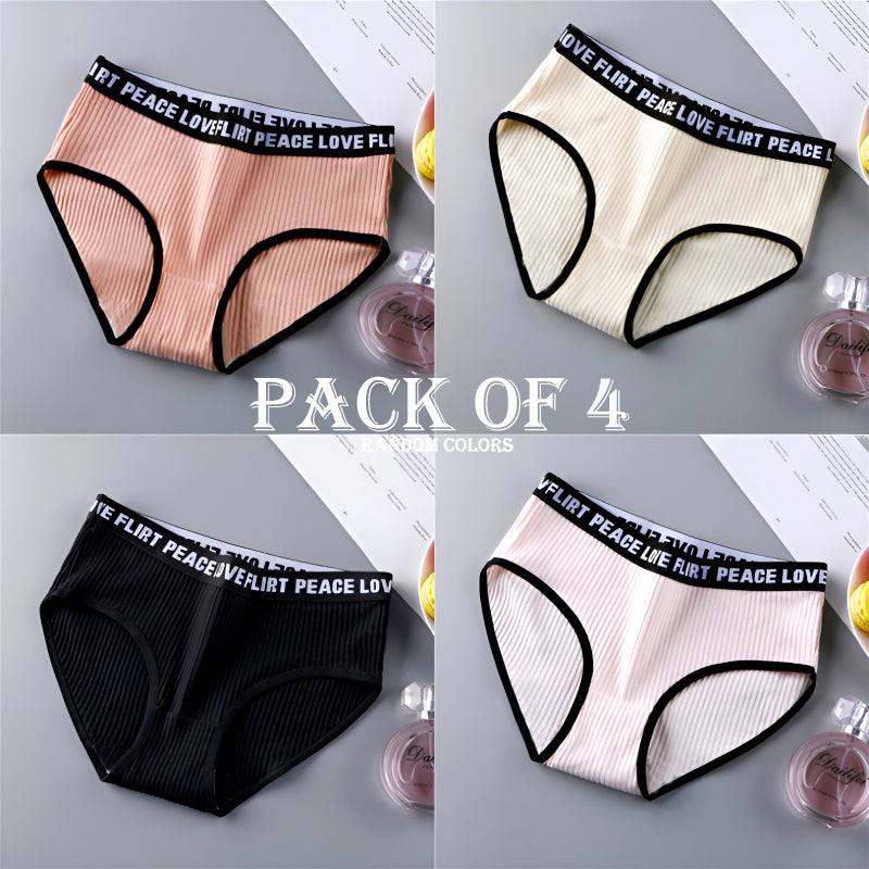 Pack of 4 Stylish Ribbed Women’s Hipster Panties with Letters Printed Elastic Waistband