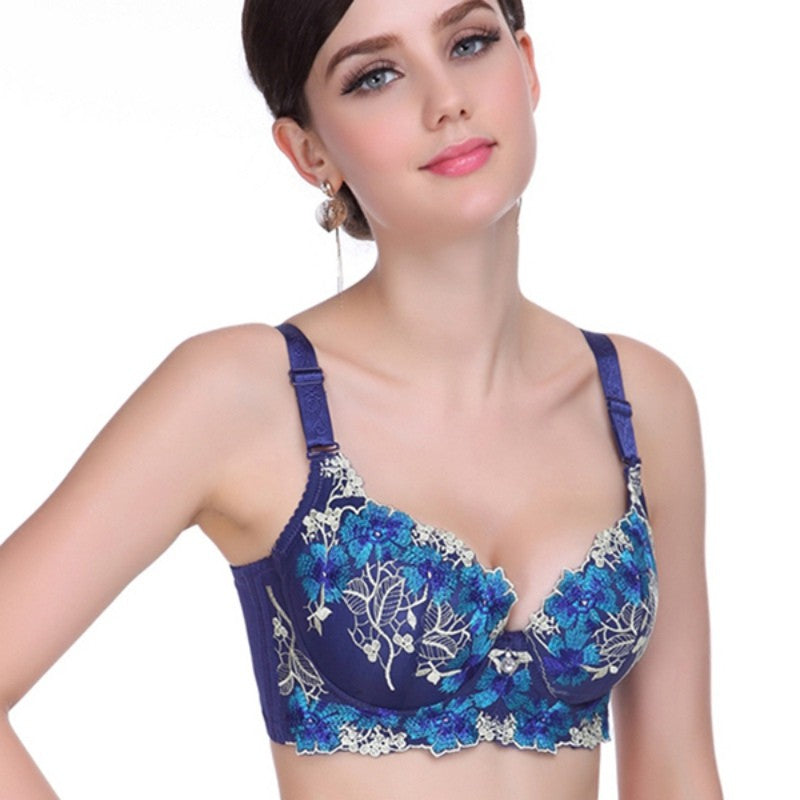 Women Seamless Side Support Plunge Bra Underwired Push Up Bra Embroidered