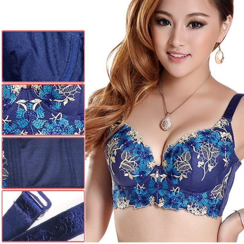 Women Seamless Side Support Plunge Bra Underwired Push Up Bra Embroidered