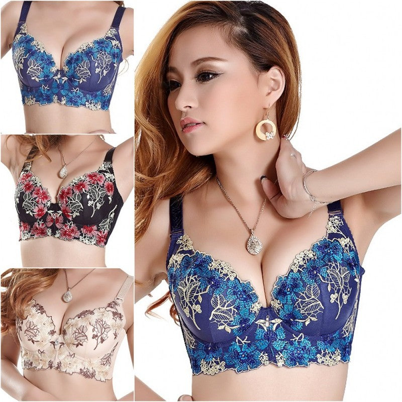 Women Seamless Side Support Plunge Bra Underwired Push Up Bra Embroidered