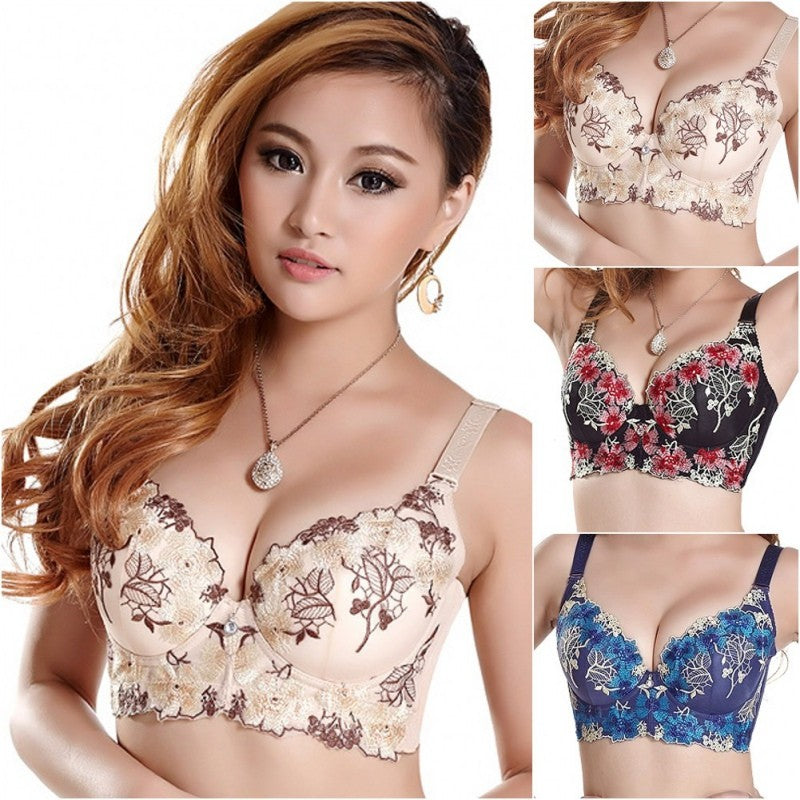 Women Seamless Side Support Plunge Bra Underwired Push Up Bra Embroidered