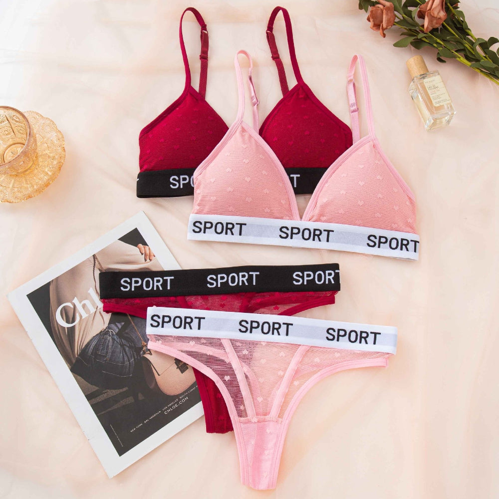 Comfortable Wireless Sports Bra & Mesh Thong Lingerie Set for Women