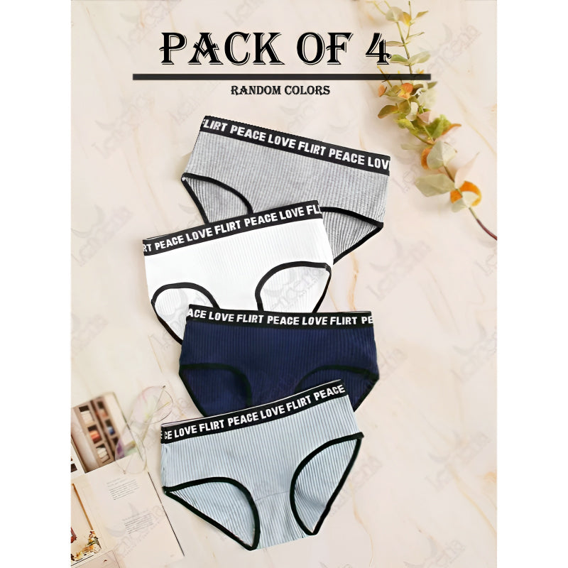 Pack of 4 Stylish Ribbed Women’s Hipster Panties with Letters Printed Elastic Waistband