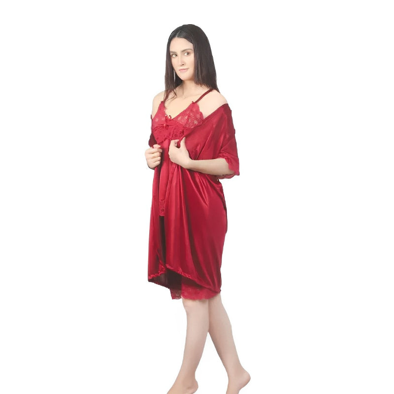 3 Piece Silk Bridal Short Nighty Set Soft And Comfortable Women Nightwear