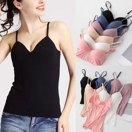 Women’s Comfy Vest With Built-In Bra V-Neck Sleeveless Adjustable Strap Tank Top